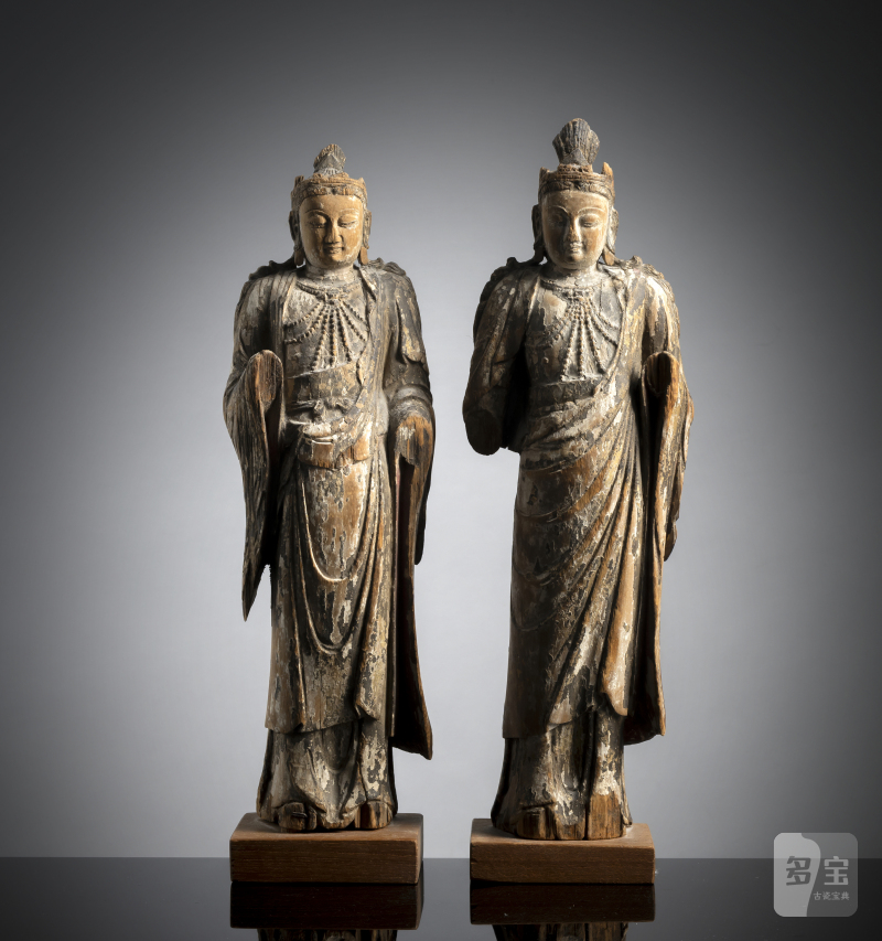 TWO WOOD FIGURES OF BODHISATTVAS